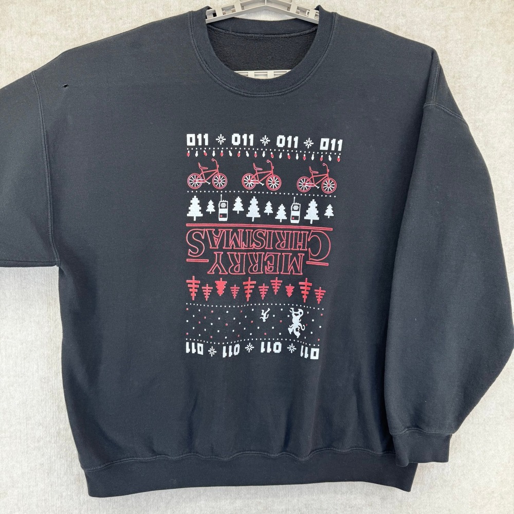 Stranger Things Merry Christmas Sweatshirt Mens Black Upside Down Graphic Crew